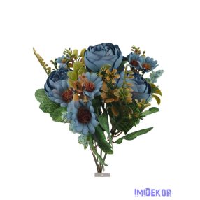 Peónia selyemvirág csokor kiegészítőkkel 35cm - Kék