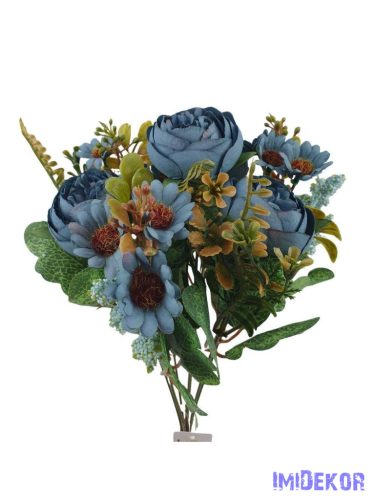 Peónia selyemvirág csokor kiegészítőkkel 35cm - Kék