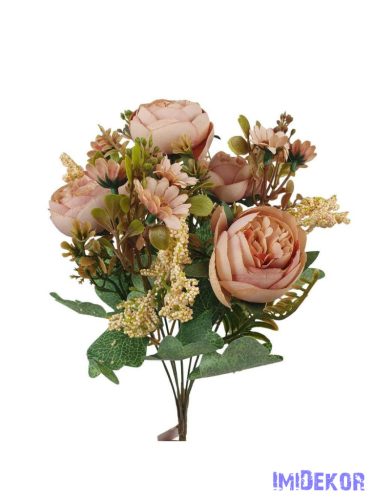 Peónia selyemvirág csokor kiegészítőkkel 35cm - Antik Barack
