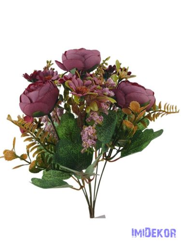 Peónia selyemvirág csokor kiegészítőkkel 35cm - Bordó