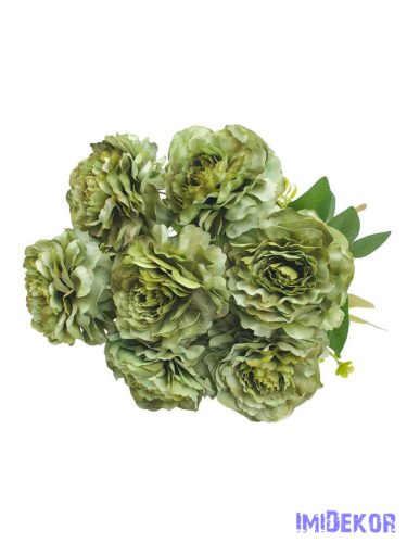 Fodros szirmú 9 nyílt fejes bazsarózsa csokor 42cm - Zöld