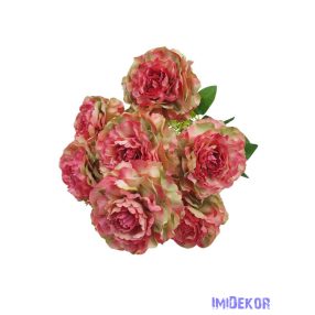   Fodros szirmú 9 nyílt fejes bazsarózsa csokor 42cm - Rózsaszín-Zöld