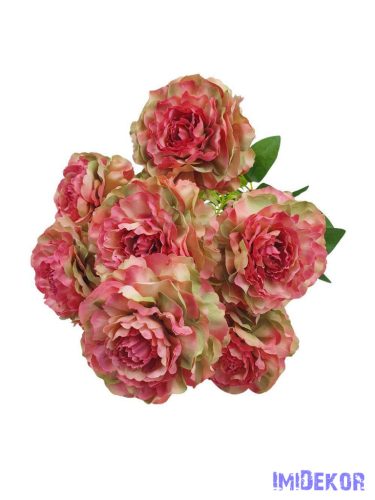 Fodros szirmú 9 nyílt fejes bazsarózsa csokor 42cm - Rózsaszín-Zöld