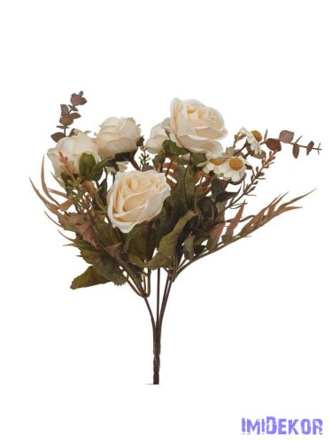 Antik színű rózsa + kis virágos csokor 29cm - Törtfehér