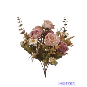   Antik színű rózsa + kis virágos csokor 29cm - Antik Barna