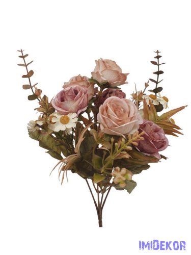 Antik színű rózsa + kis virágos csokor 29cm - Antik Barna