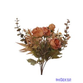 Antik színű rózsa + kis virágos csokor 29cm - Rozsda