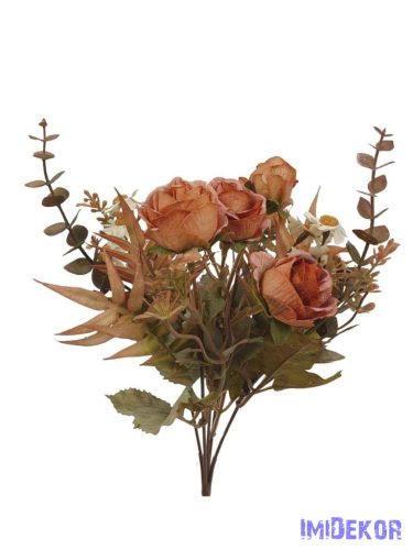Antik színű rózsa + kis virágos csokor 29cm - Rozsda