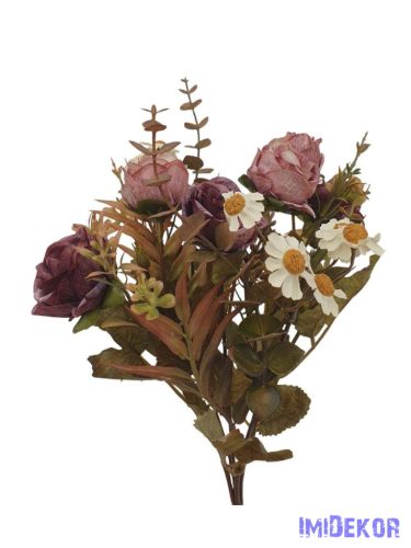 Antik színű rózsa + kis virágos csokor 29cm - Antik Mályva