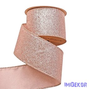   Glitteres karácsonyi szalag drótos szegéllyel 64mm x 5m - Rose Gold