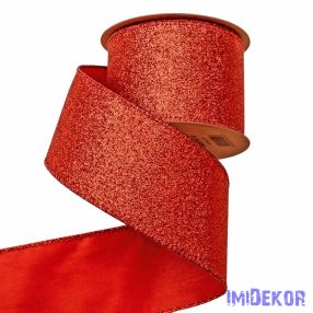   Glitteres karácsonyi szalag drótos szegéllyel 64mm x 5m - Piros