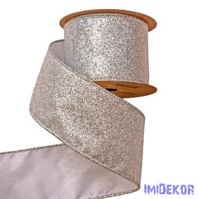   Glitteres karácsonyi szalag drótos szegéllyel 64mm x 5m - Ezüst