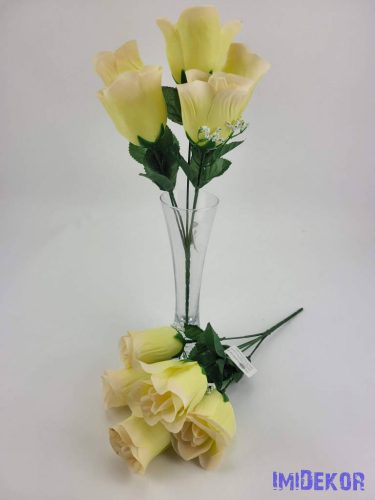 Bimbós rózsa 5 fejes selyemvirág csokor 32 cm - Zöldes Krém