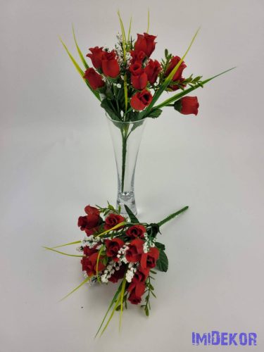 Apró fejű bimbós rózsa 5á 15v selyem csokor 24 cm - Piros