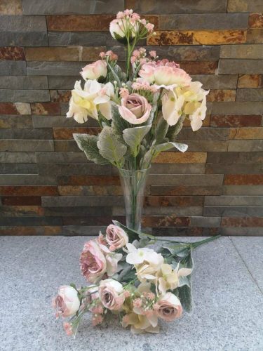 Peónia rózsa hortenzia 10 ágú pasztel selyemvirág csokor 40 cm - Halvány Mályva-Krém