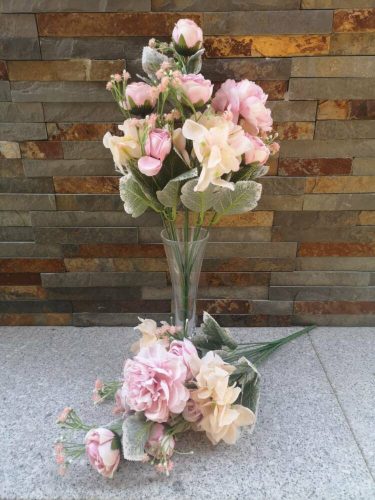 Peónia rózsa hortenzia 10 ágú pasztel selyemvirág csokor 40 cm - Rózsaszín-Krém