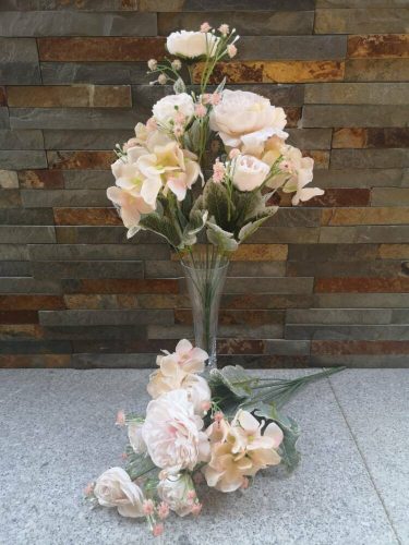 Peónia rózsa hortenzia 10 ágú pasztel selyemvirág csokor 40 cm - Halvány Rózsaszín-Krém
