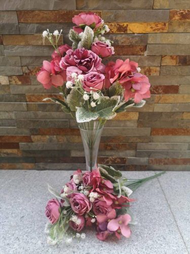 Peónia rózsa hortenzia 10 ágú pasztel selyemvirág csokor 40 cm - Pasztel Mályva