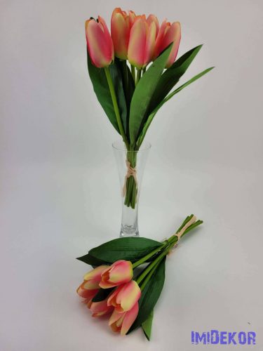 Tulipán 6 szálas selyem csokor 28 cm - Krém rózsaszín