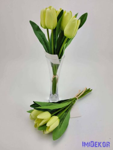 Tulipán 6 szálas selyem csokor 28 cm - Zöldes krém
