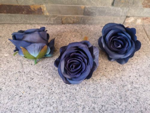 Rózsa minőségi selyemvirág fej nyílt rózsafej 7 cm kék