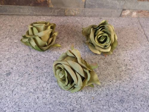 Rózsa minőségi selyemvirág fej nyílt rózsafej 7 cm olivazöld