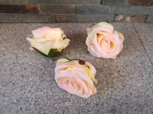 Rózsa minőségi selyemvirág fej nyílt rózsafej 7 cm zöldes rózsaszín