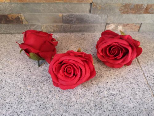 Rózsa minőségi selyemvirág fej nyílt rózsafej 7 cm piros