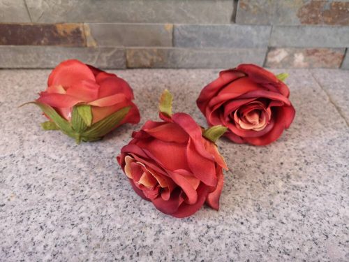 Rózsa minőségi selyemvirág fej nyílt rózsafej 7 cm antik rozsda