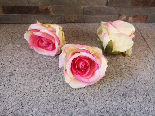 Bársony rózsa selyemvirág fej nyílt rózsafej 8 cm rózsaszínes zöld