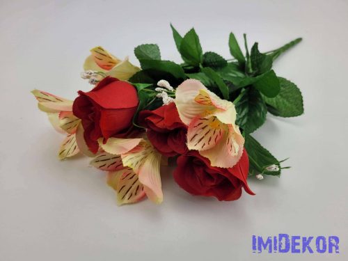 Bimbós rózsa alsztromélia 9 ágú selyem csokor 45 cm - Pirosas