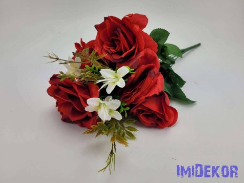 Nyíló rózsa 9 ágú selyem csokor 42 cm - Piros