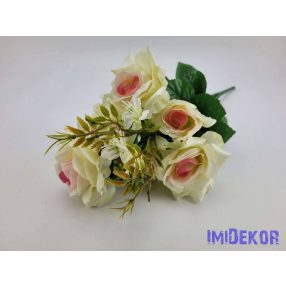   Nyíló rózsa 9 ágú selyem csokor 42 cm - Krém-Rózsaszín