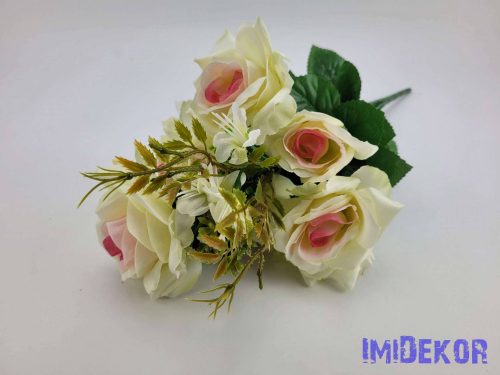 Nyíló rózsa 9 ágú selyem csokor 42 cm - Krém-Rózsaszín