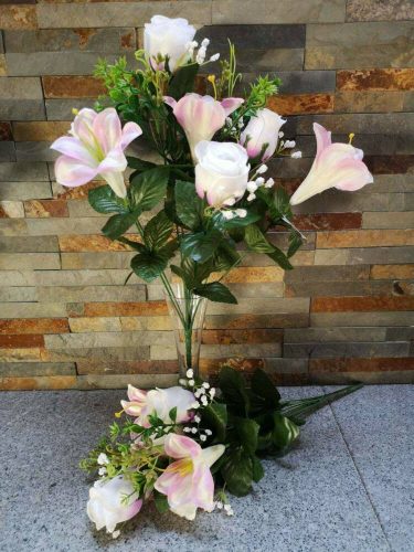 Bimbós rózsa liliom 7 ágú selyemvirág csokor 44 cm - Halvány Rózsaszín
