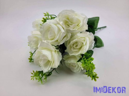 Nyílott 9 ágú rózsa selyemvirág csokor 44 cm - Törtfehér