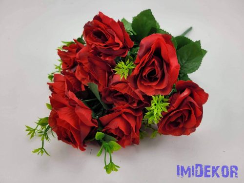 Nyílott 9 ágú rózsa selyemvirág csokor 44 cm - Piros