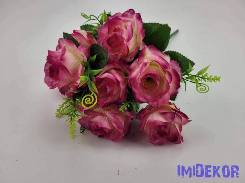 Nyílott 9 ágú rózsa selyemvirág csokor 44 cm - Cirmos Rózsaszín