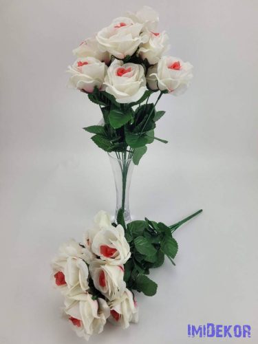 Rózsa nyílott 10v selyem csokor 42 cm - Fehér-Korall Középpel