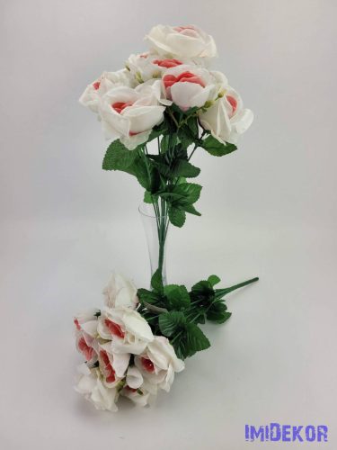Rózsa 10v selyemvirág csokor 40 cm - Fehér-Rózsaszín