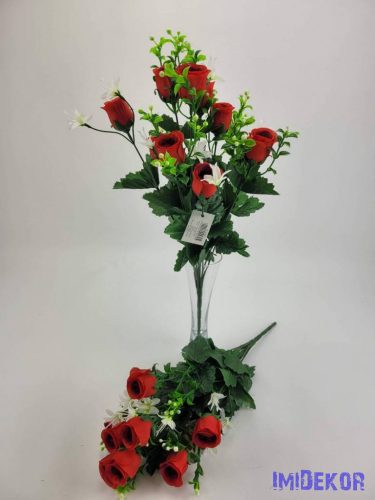 Bimbós rózsa  10 ágú selyem csokor 43 cm - Piros