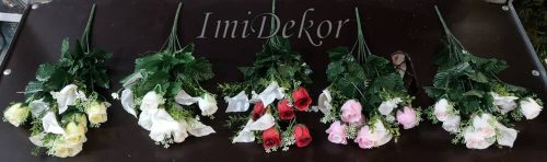 Bimbós rózsa + kála 10 ágú selyemvirág csokor zöldekkel bogyóval 44 cm