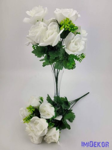 Nyíló rózsa 10v selyem csokor 44 cm - Fehér