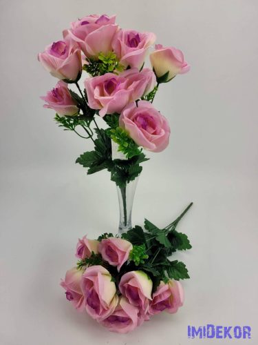 Nyíló rózsa 10v selyem csokor 44 cm - Vil. Lilás-Rózsaszín