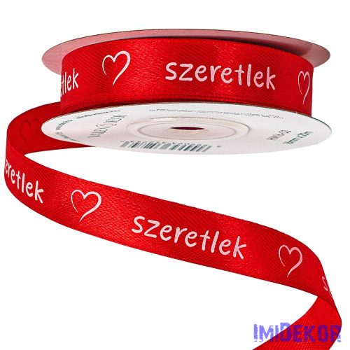 Szeretlek feliratos, szívecskés szatén szalag 16mm x 20m - Piros