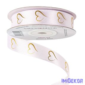Arany szívecskemintás szatén szalag 16mm x 20m - Fehér