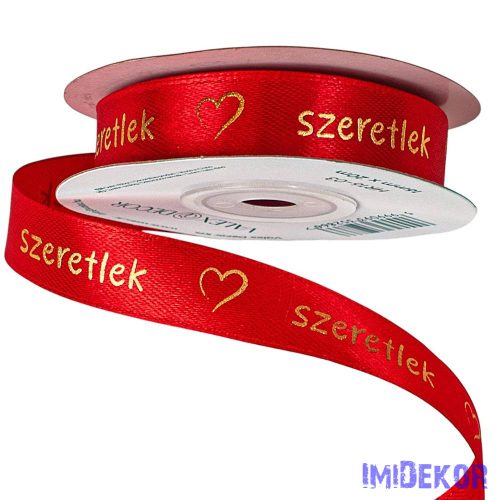 Szeretlek arany feliratos, szívecskés szatén szalag 16mm x 20m - Piros
