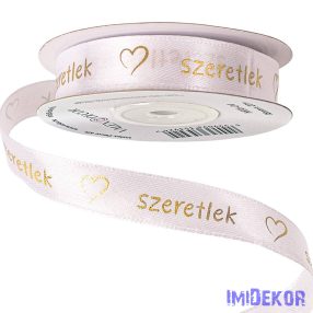   Szeretlek arany feliratos, szívecskés szatén szalag 16mm x 20m - Fehér