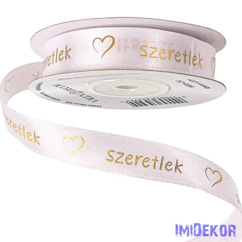 Szeretlek arany feliratos, szívecskés szatén szalag 16mm x 20m - Fehér