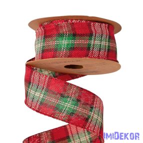   Kockás karácsonyi szalag drótos szegéllyel 38mm x 10m - Krém/Fekete